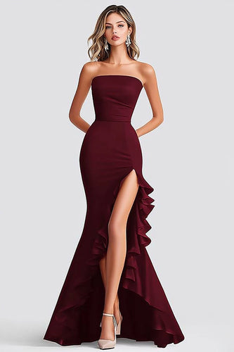 Bordeaux Meerjungfrau Asymmetrical Lange Formelle Kleid mit Schlitz