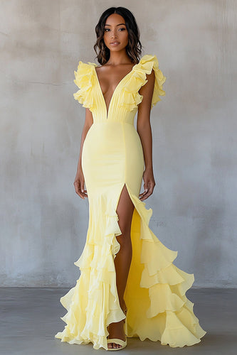 Gelb Chiffon Meerjungfrau Rüschen Lange Formelle Kleid mit Schlitz