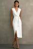 Laden Sie das Bild in den Galerie-Viewer, Weiß Bodycon Satin V Ausschnitt Mid Calf Semi Formelle Kleid mit Schlitz