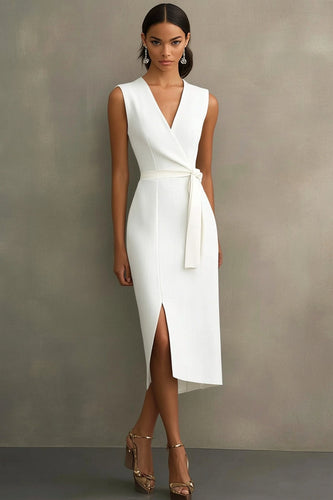 Weiß Bodycon Satin V Ausschnitt Mid Calf Semi Formelle Kleid mit Schlitz