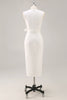 Laden Sie das Bild in den Galerie-Viewer, Weiß Bodycon Satin V Ausschnitt Mid Calf Semi Formelle Kleid mit Schlitz