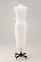 Laden Sie das Bild in den Galerie-Viewer, Weiß Bodycon Satin V Ausschnitt Mid Calf Semi Formelle Kleid mit Schlitz