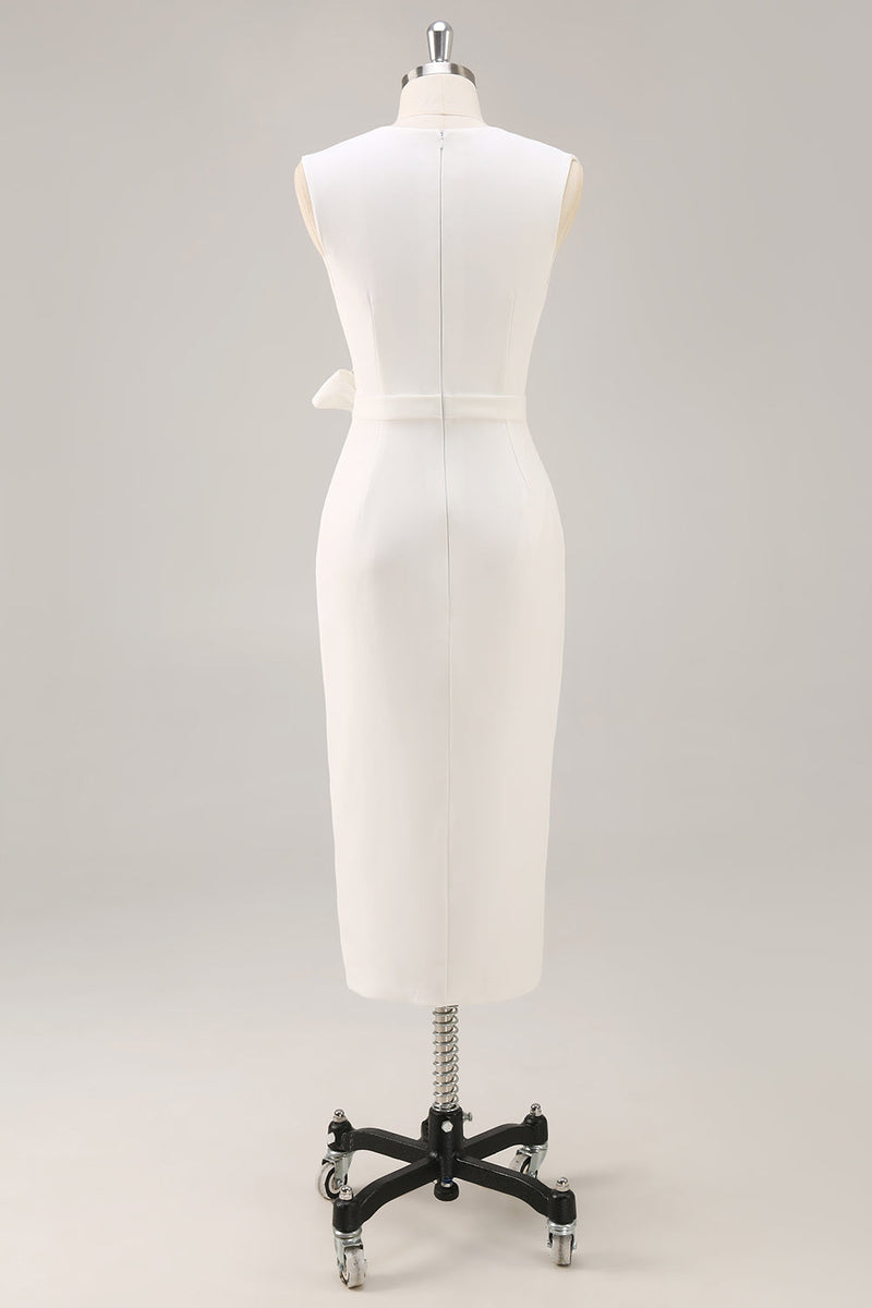 Laden Sie das Bild in den Galerie-Viewer, Weiß Bodycon Satin V Ausschnitt Mid Calf Semi Formelle Kleid mit Schlitz