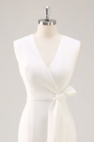 Laden Sie das Bild in den Galerie-Viewer, Weiß Bodycon Satin V Ausschnitt Mid Calf Semi Formelle Kleid mit Schlitz