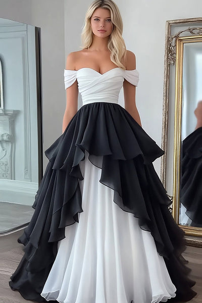 Weiß und Schwarz Ballkleid Chiffon Lange Abiballkleid mit Rüschen