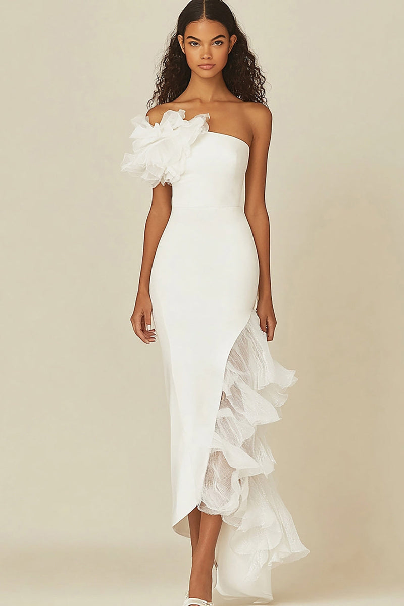 Laden Sie das Bild in den Galerie-Viewer, Leely Women White Sheath One Shoulder Long Rehearsal Dinner Dress with Ruffles Engagement Dress