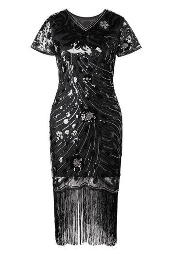 Glitzernd Schwarz Gold Bodycon Kurz Fransen 20er Jahre Kleid