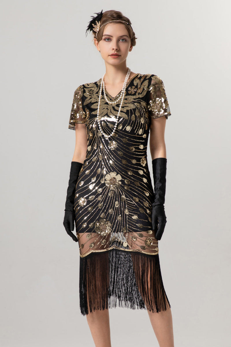 Laden Sie das Bild in den Galerie-Viewer, Glitzernd Schwarz Gold Bodycon Kurz Fransen 20er Jahre Kleid