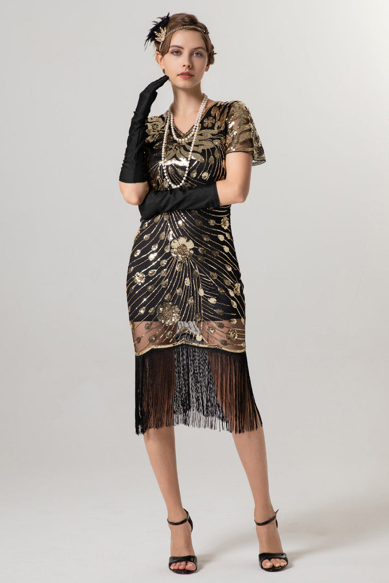 Laden Sie das Bild in den Galerie-Viewer, Glitzernd Schwarz Gold Bodycon Kurz Fransen 20er Jahre Kleid