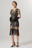 Laden Sie das Bild in den Galerie-Viewer, Glitzernd Schwarz Gold Bodycon Kurz Fransen 20er Jahre Kleid