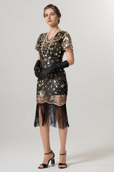 Glitzernd Schwarz Gold Bodycon Kurz Fransen 20er Jahre Kleid