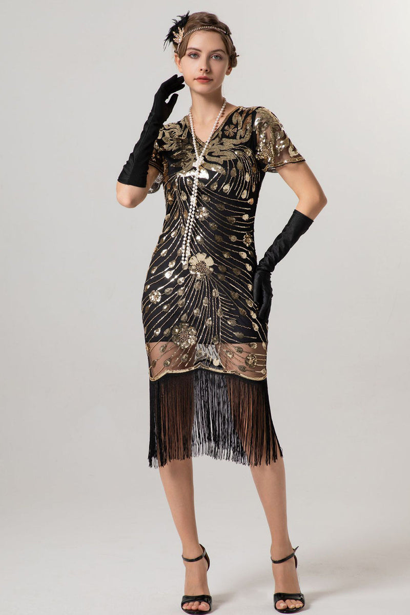Laden Sie das Bild in den Galerie-Viewer, Glitzernd Schwarz Gold Bodycon Kurz Fransen 20er Jahre Kleid