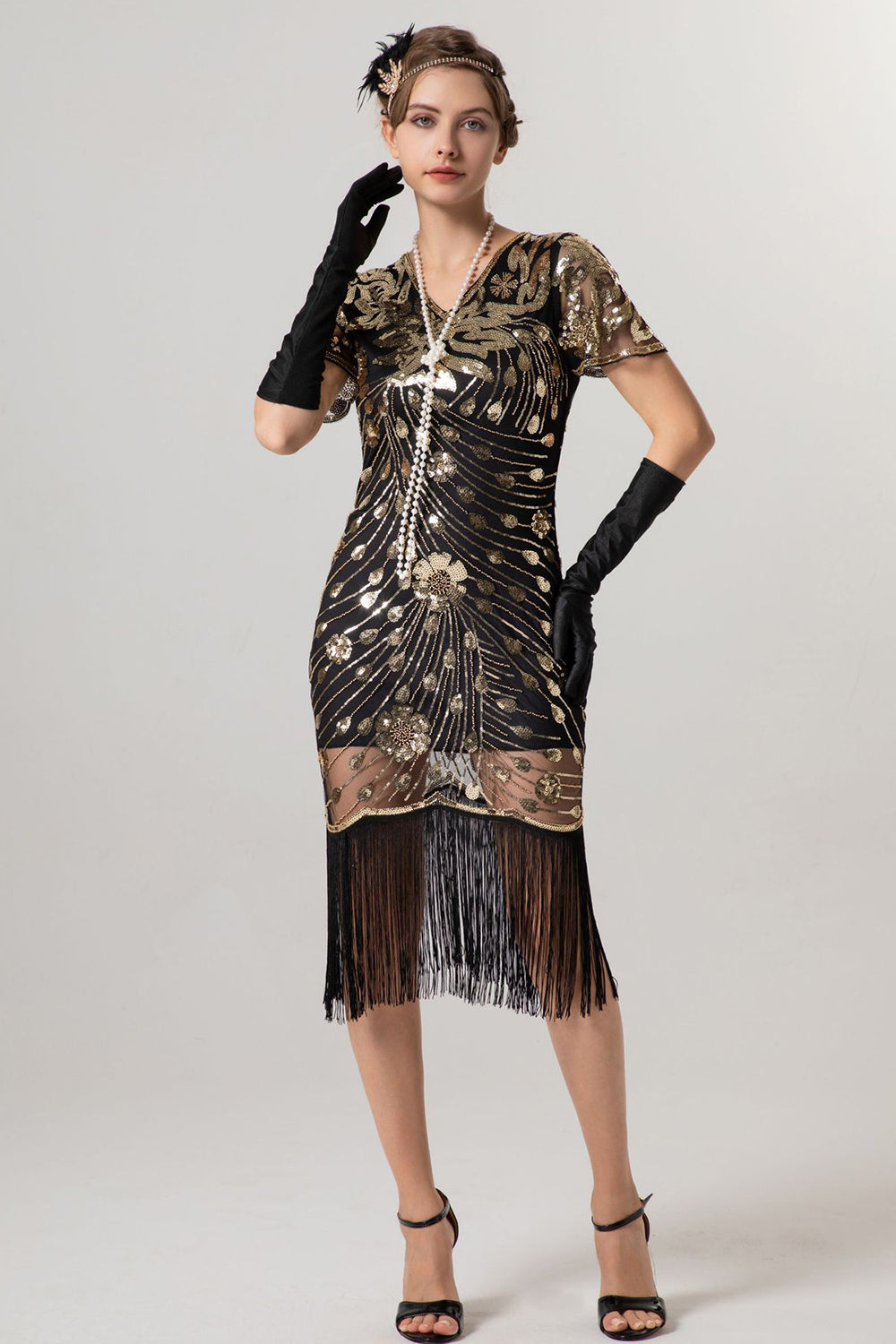 Glitzernd Schwarz Gold Bodycon Kurz Fransen 20er Jahre Kleid