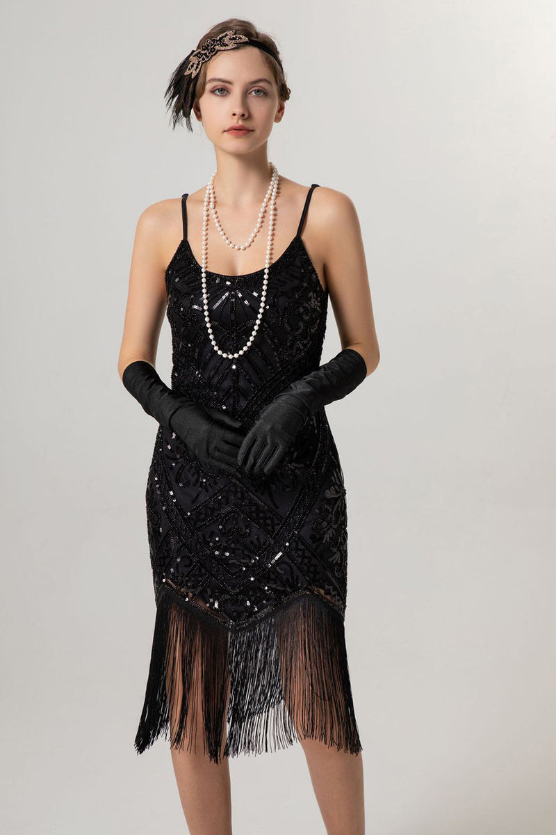 Laden Sie das Bild in den Galerie-Viewer, Glitzernd Schwarz Gold Spaghettiträger 20er Jahre Kleid mit Quasten