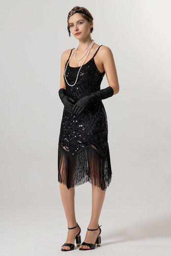 Glitzernd Schwarz Gold Spaghettiträger 20er Jahre Kleid mit Quasten