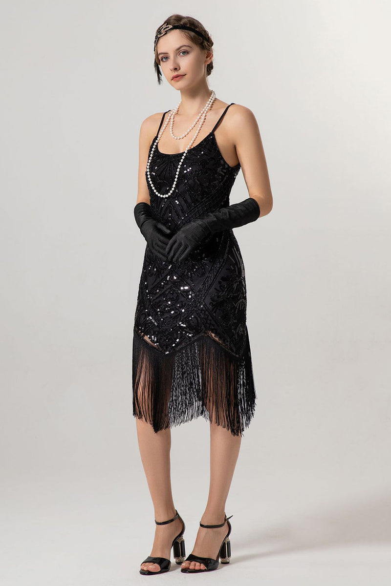 Laden Sie das Bild in den Galerie-Viewer, Glitzernd Schwarz Gold Spaghettiträger 20er Jahre Kleid mit Quasten