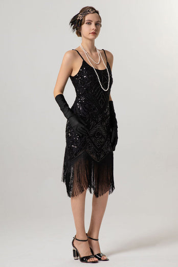 Glitzernd Schwarz Gold Spaghettiträger 20er Jahre Kleid mit Quasten