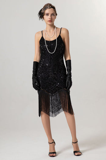 Glitzernd Schwarz Gold Spaghettiträger 20er Jahre Kleid mit Quasten