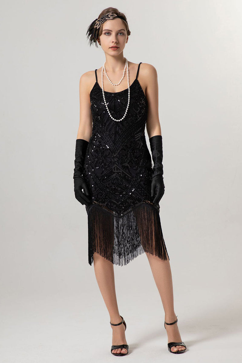 Laden Sie das Bild in den Galerie-Viewer, Glitzernd Schwarz Gold Spaghettiträger 20er Jahre Kleid mit Quasten