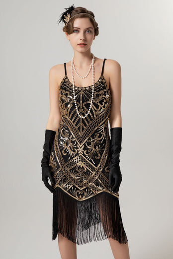 Glitzernd Schwarz Gold Spaghettiträger 20er Jahre Kleid mit Quasten