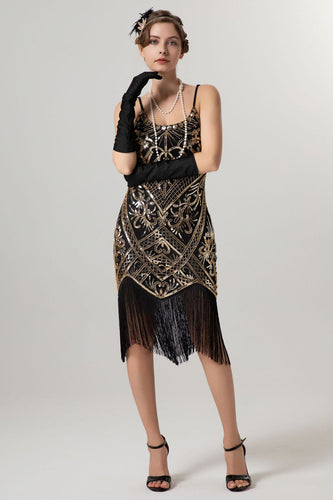 Glitzernd Schwarz Gold Spaghettiträger 20er Jahre Kleid mit Quasten