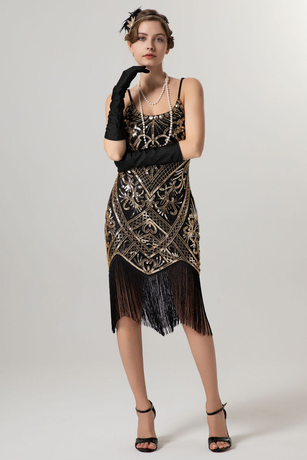 Glitzernd Schwarz Gold Spaghettiträger 20er Jahre Kleid mit Quasten