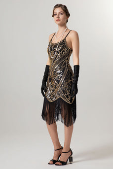 Glitzernd Schwarz Gold Spaghettiträger 20er Jahre Kleid mit Quasten