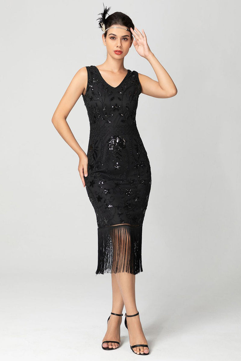 Laden Sie das Bild in den Galerie-Viewer, Schwarz Burgund Pailletten Etuikleid Fransen 20er Jahre Kleid