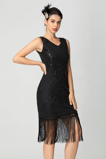 Glitzernd Schwarz Burgund Bodycon Fransen 20er Jahre Kleid