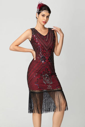 Glitzernd Schwarz Burgund Bodycon Fransen 20er Jahre Kleid
