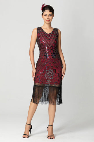 Glitzernd Schwarz Burgund Bodycon Fransen 20er Jahre Kleid