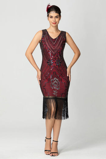 Glitzernd Schwarz Burgund Bodycon Fransen 20er Jahre Kleid