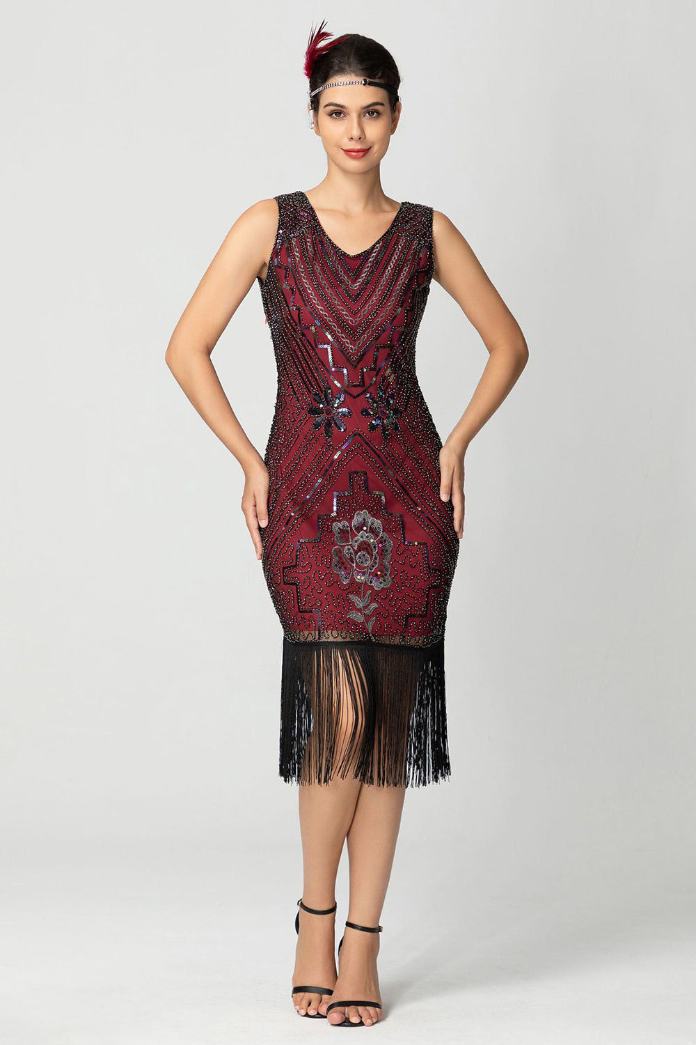 Glitzernd Schwarz Burgund Bodycon Fransen 20er Jahre Kleid