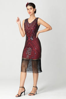 Glitzernd Schwarz Burgund Bodycon Fransen 20er Jahre Kleid