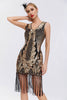Laden Sie das Bild in den Galerie-Viewer, Glitzernd Schwarz Gold Bodycon Pailletten 20er Jahre Kleid mit Fransen