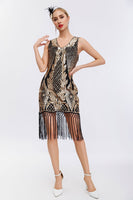 Laden Sie das Bild in den Galerie-Viewer, Glitzernd Schwarz Gold Bodycon Pailletten 20er Jahre Kleid mit Fransen