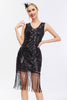 Laden Sie das Bild in den Galerie-Viewer, Glitzernd Schwarz Gold Bodycon Pailletten 20er Jahre Kleid mit Fransen