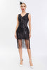 Laden Sie das Bild in den Galerie-Viewer, Glitzernd Schwarz Gold Bodycon Pailletten 20er Jahre Kleid mit Fransen