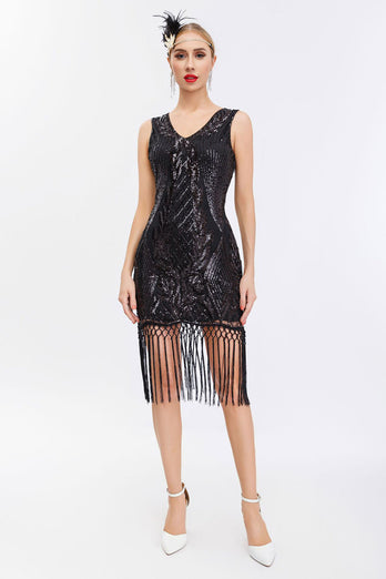 Glitzernd Schwarz Gold Bodycon Pailletten 20er Jahre Kleid mit Fransen