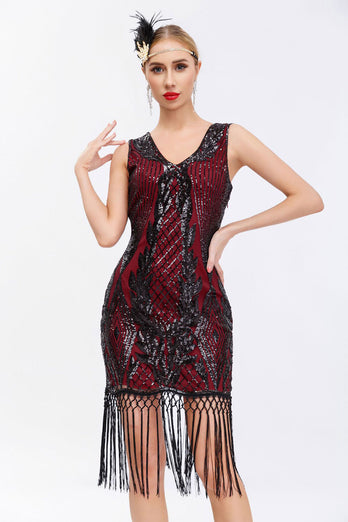 Glitzernd Schwarz Gold Bodycon Pailletten 20er Jahre Kleid mit Fransen