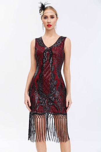 Glitzernd Schwarz Gold Bodycon Pailletten 20er Jahre Kleid mit Fransen