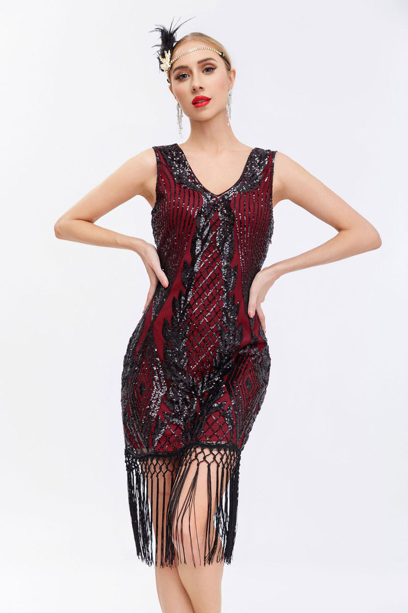 Laden Sie das Bild in den Galerie-Viewer, Glitzernd Schwarz Gold Bodycon Pailletten 20er Jahre Kleid mit Fransen