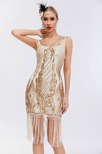 Glitzernd Schwarz Gold Bodycon Pailletten 20er Jahre Kleid mit Fransen