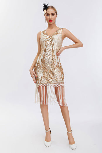 Glitzernd Schwarz Gold Bodycon Pailletten 20er Jahre Kleid mit Fransen