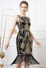 Laden Sie das Bild in den Galerie-Viewer, Glitzernd Schwarz Gold Pailletten Bodycon 20er Jahre Kleid mit Fransen