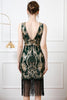Laden Sie das Bild in den Galerie-Viewer, Glitzernd Schwarz Gold Pailletten Bodycon 20er Jahre Kleid mit Fransen
