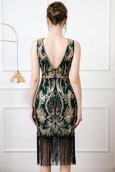 Glitzernd Schwarz Gold Pailletten Bodycon 20er Jahre Kleid mit Fransen