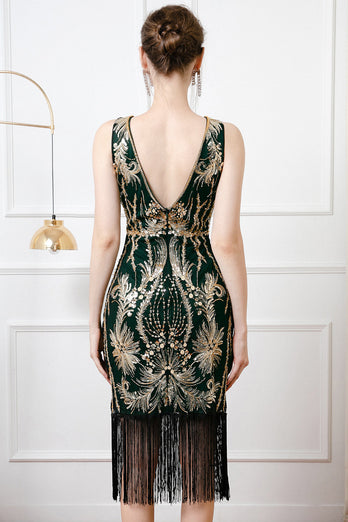 Glitzernd Schwarz Gold Pailletten Bodycon 20er Jahre Kleid mit Fransen