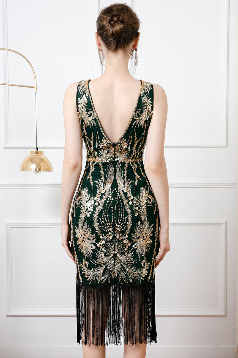 Laden Sie das Bild in den Galerie-Viewer, Glitzernd Schwarz Gold Pailletten Bodycon 20er Jahre Kleid mit Fransen