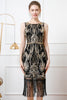 Laden Sie das Bild in den Galerie-Viewer, Glitzernd Schwarz Gold Pailletten Bodycon 20er Jahre Kleid mit Fransen